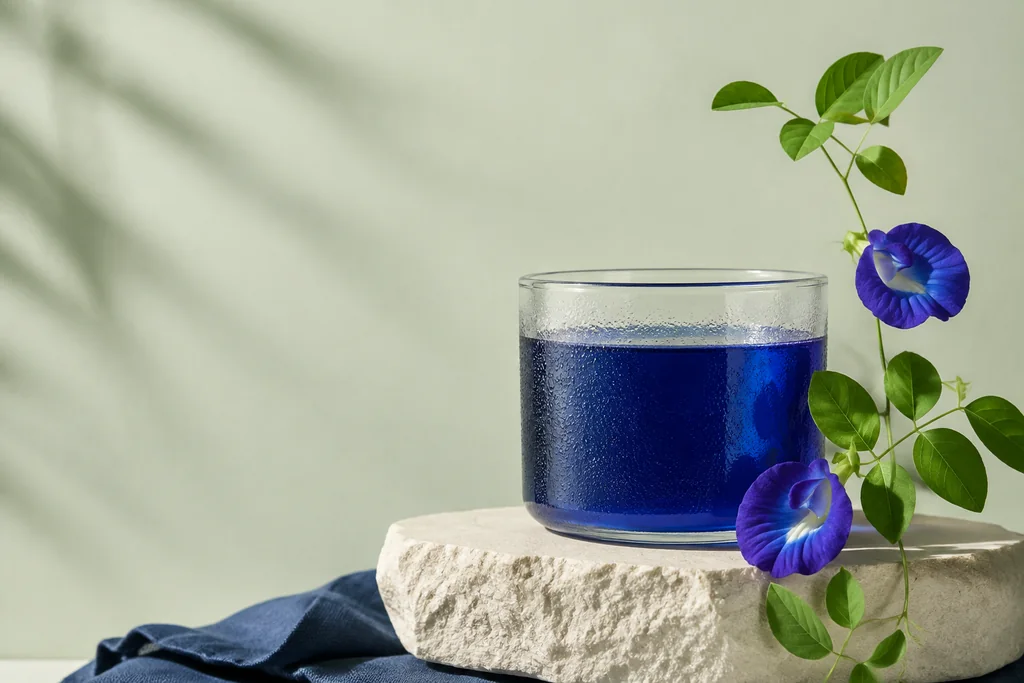 Blue butterfly pea tea beside butterfly pea flowers
