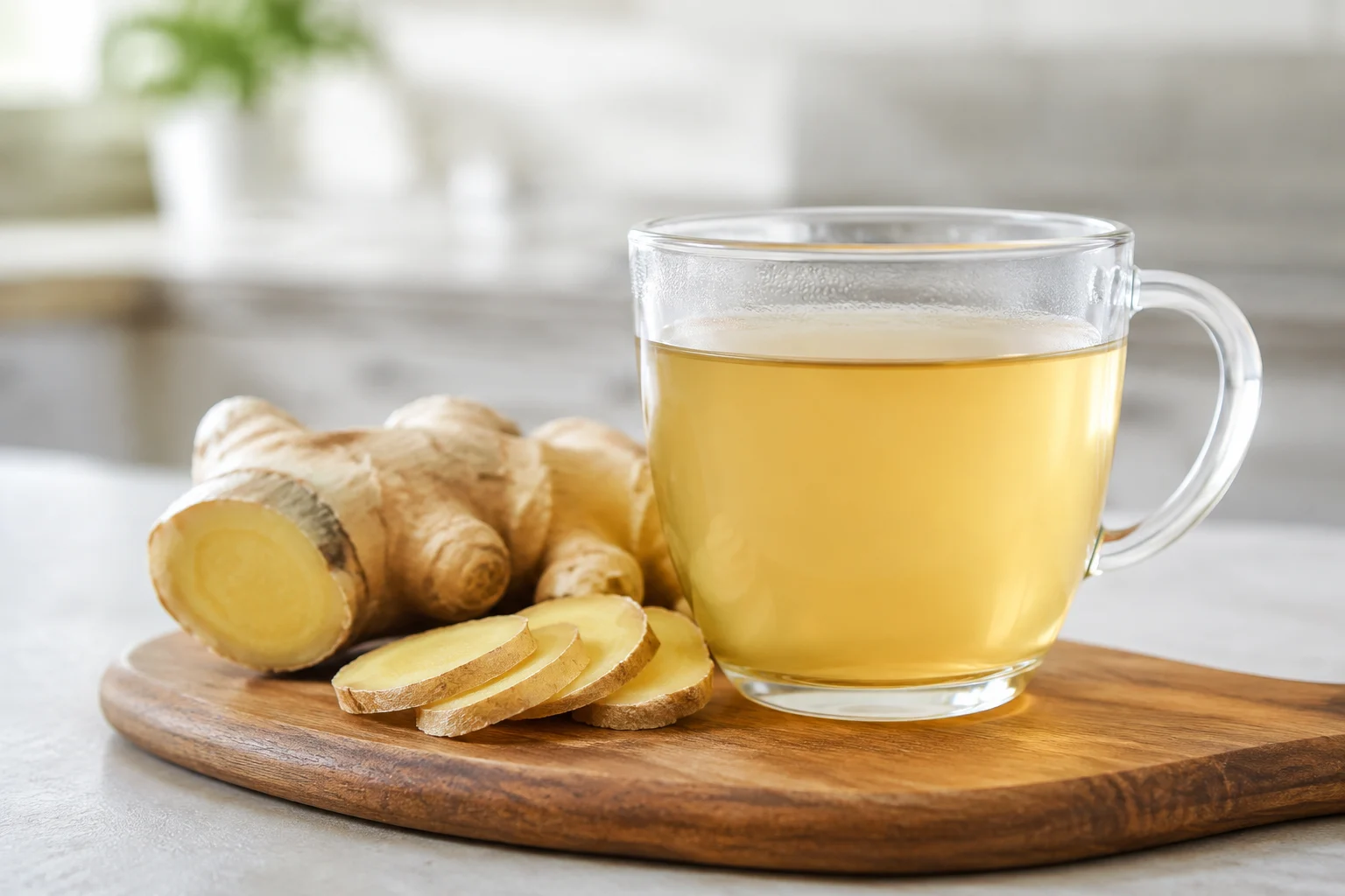 Fresh ginger slices and a prepared infusion.