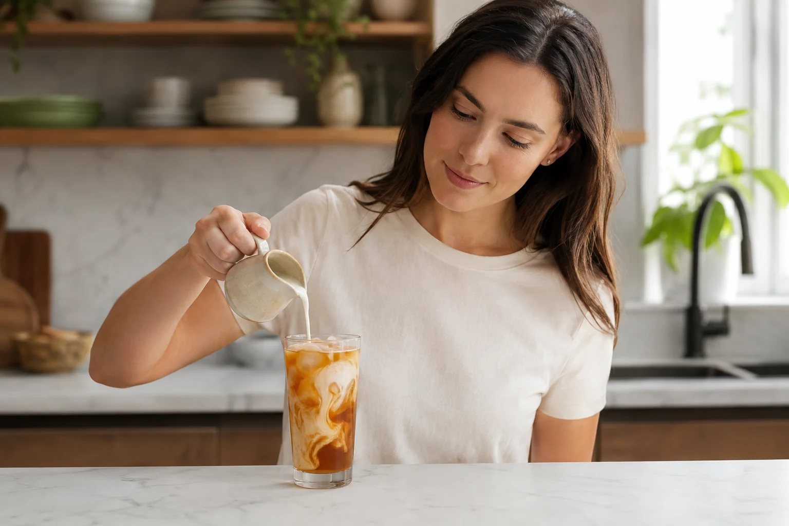 Milk changes the colour and texture of the tea base.