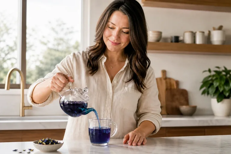 Pouring a butterfly-pea infusion.
