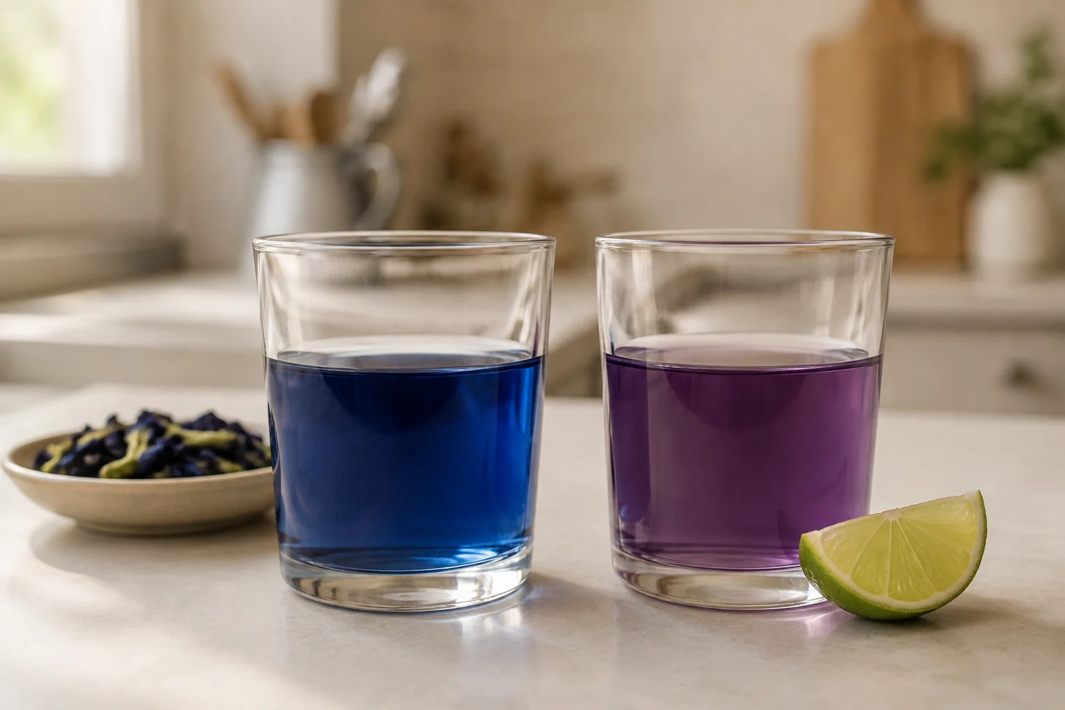 Blue butterfly-pea infusion and a purple citrus variation.
