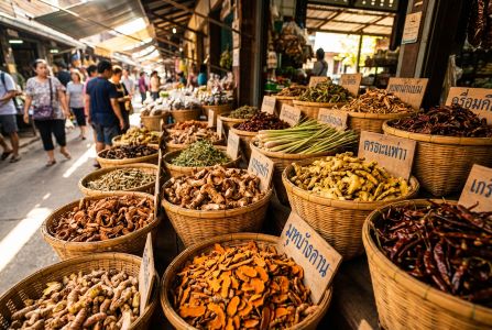 Herbs and spices displayed at a Thai market