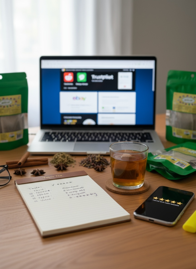 Prompt 1: Featured Image (Square Format) Type: Photorealistic photograph (1:1 aspect ratio) Examining Tapee Tea Reviews