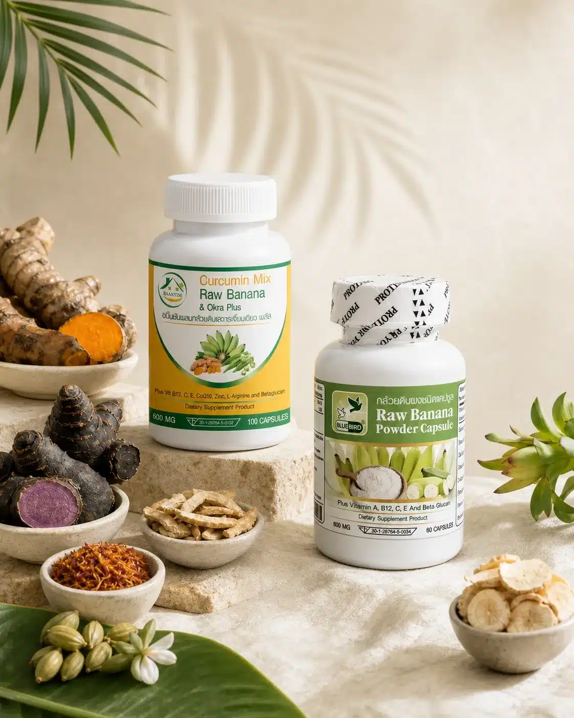 Editorial arrangement representing Thai botanical supplements