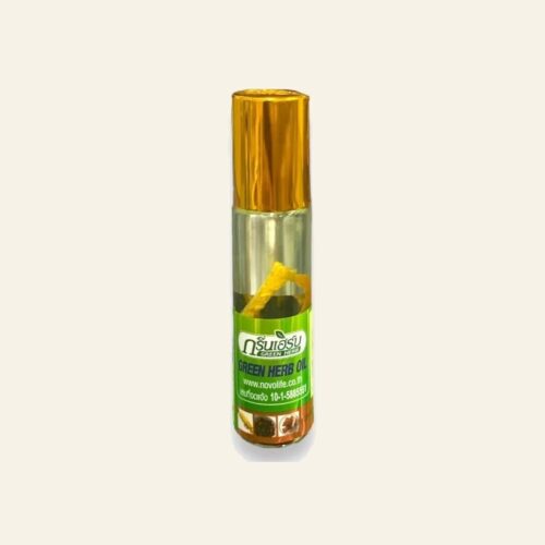 Green Herb Ginseng Root Oil 8 ml bottles and retail packs on a warm cream background
