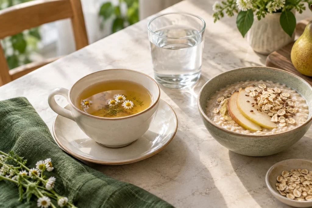Herbal tea and water with a bowl of pear and oat porridge