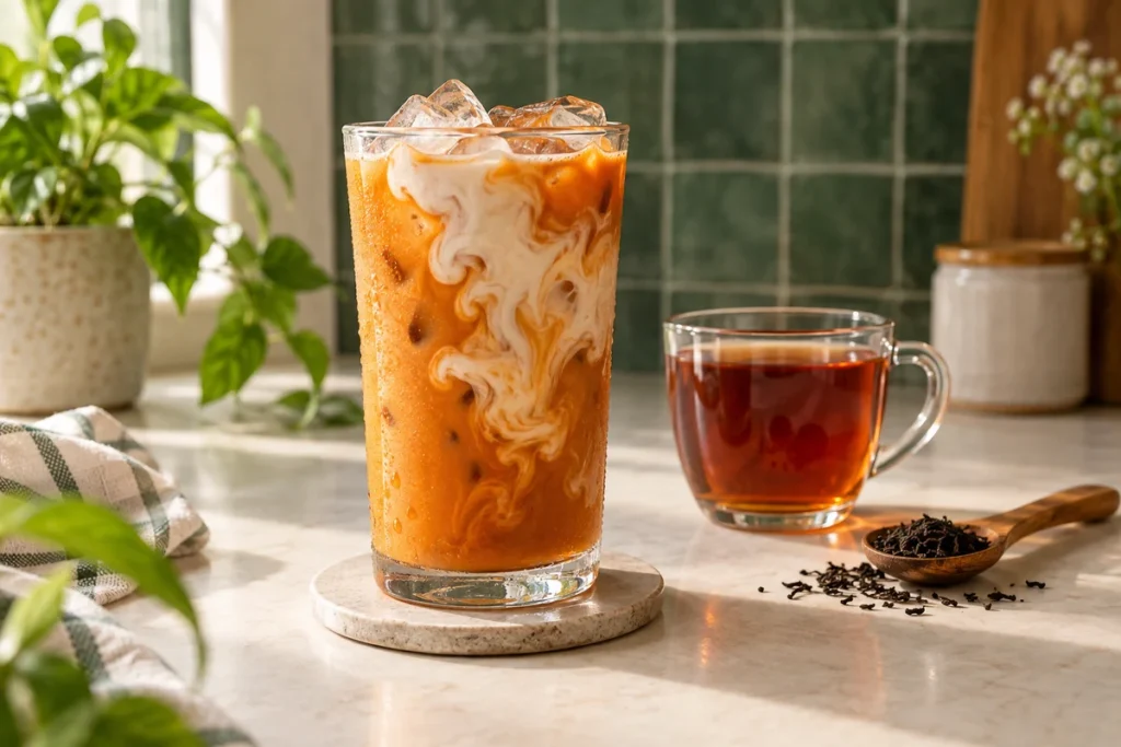 Iced Thai milk tea beside a cup of plain black tea