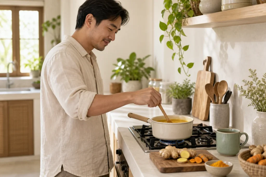 Ginger and turmeric drink being prepared in a home kitchen