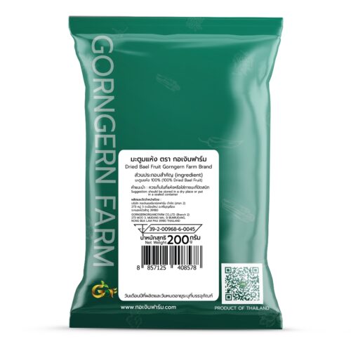 Back label of Gorngern Farm dried bael fruit showing ingredients and product information