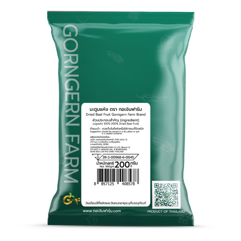 Back label of Gorngern Farm dried bael fruit showing ingredients and product information