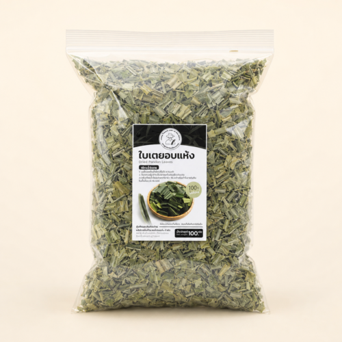 One 100 g bag of dried pandan leaves on a plain ivory background