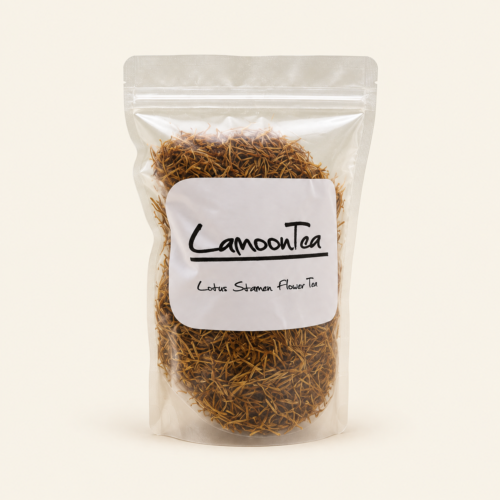 LamoonTea dried lotus stamen pouch on a warm cream background