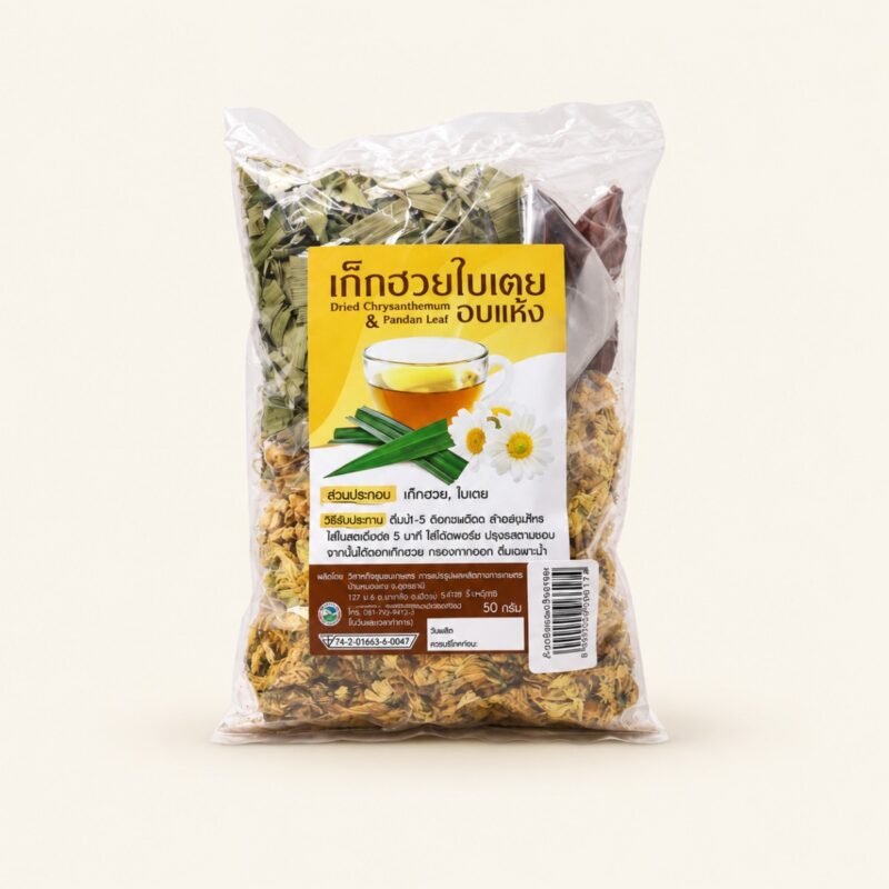 Dried chrysanthemum and pandan leaf tea 50 g pouch on a warm cream background