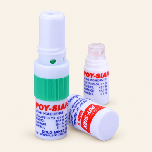 Poy-Sian Mark II two-in-one inhaler and liquid reservoir on a warm cream background