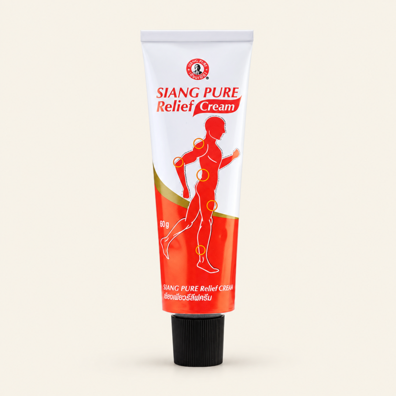 Siang Pure Relief Cream 60 g tube on a warm cream background