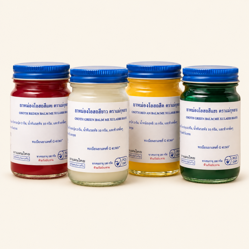 Red, white, yellow and green Wat Pho Otsathip balm jars on a warm cream background