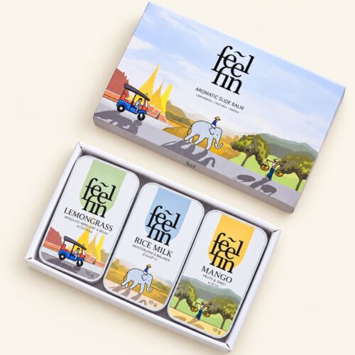 FeelFin Thai solid fragrance balm gift set with three slide tins on a warm cream background