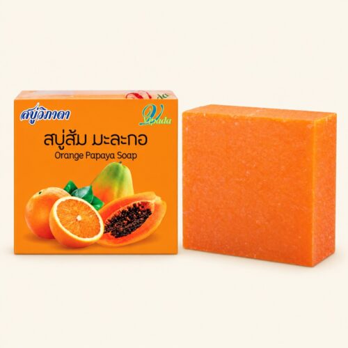 Vipada orange and papaya soap 65 g box and bar on a warm cream background