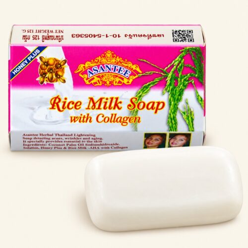 Asantee rice milk soap with collagen 125 g box and white bar on a warm cream background