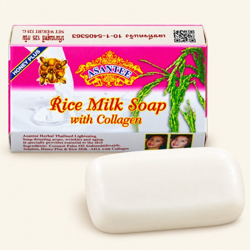 Asantee rice milk soap with collagen 125 g box and white bar on a warm cream background