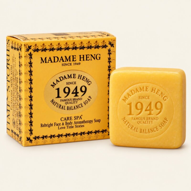 Madame Heng Natural Balance aromatherapy soap 150 g box and bar on a warm cream background