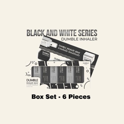 Dumble Black and White Series box set of six double-hole herbal inhalers on a warm cream background