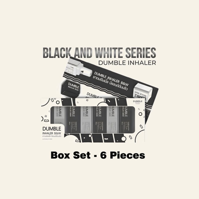 Dumble Black and White Series box set of six double-hole herbal inhalers on a warm cream background