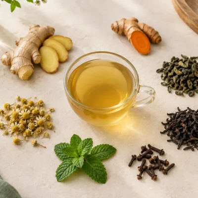 Ginger tea with turmeric, green tea, black tea, chamomile, mint and clove
