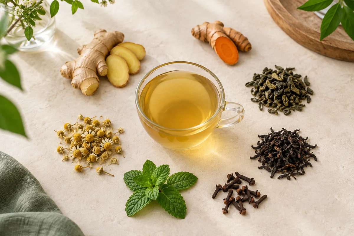 Ginger tea with turmeric, green tea, black tea, chamomile, mint and clove