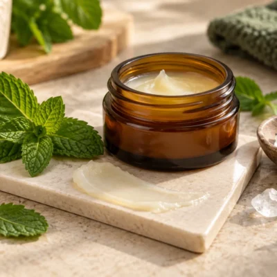 Pale balm, mint leaves and aromatic crystals