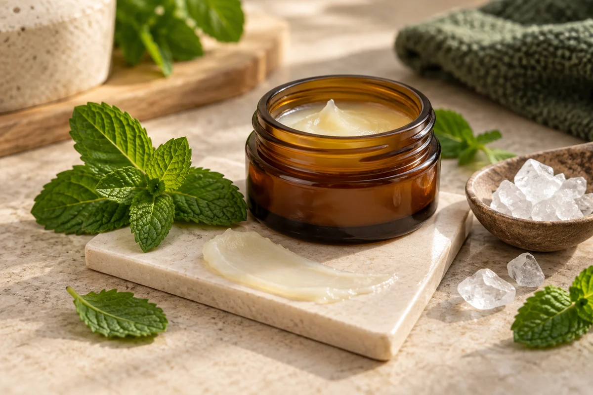 Pale balm, mint leaves and aromatic crystals