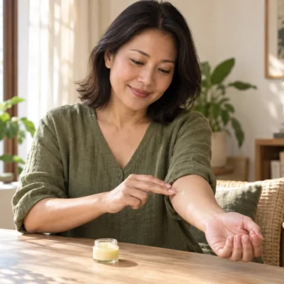A woman gently applying a small amount of balm to her forearm