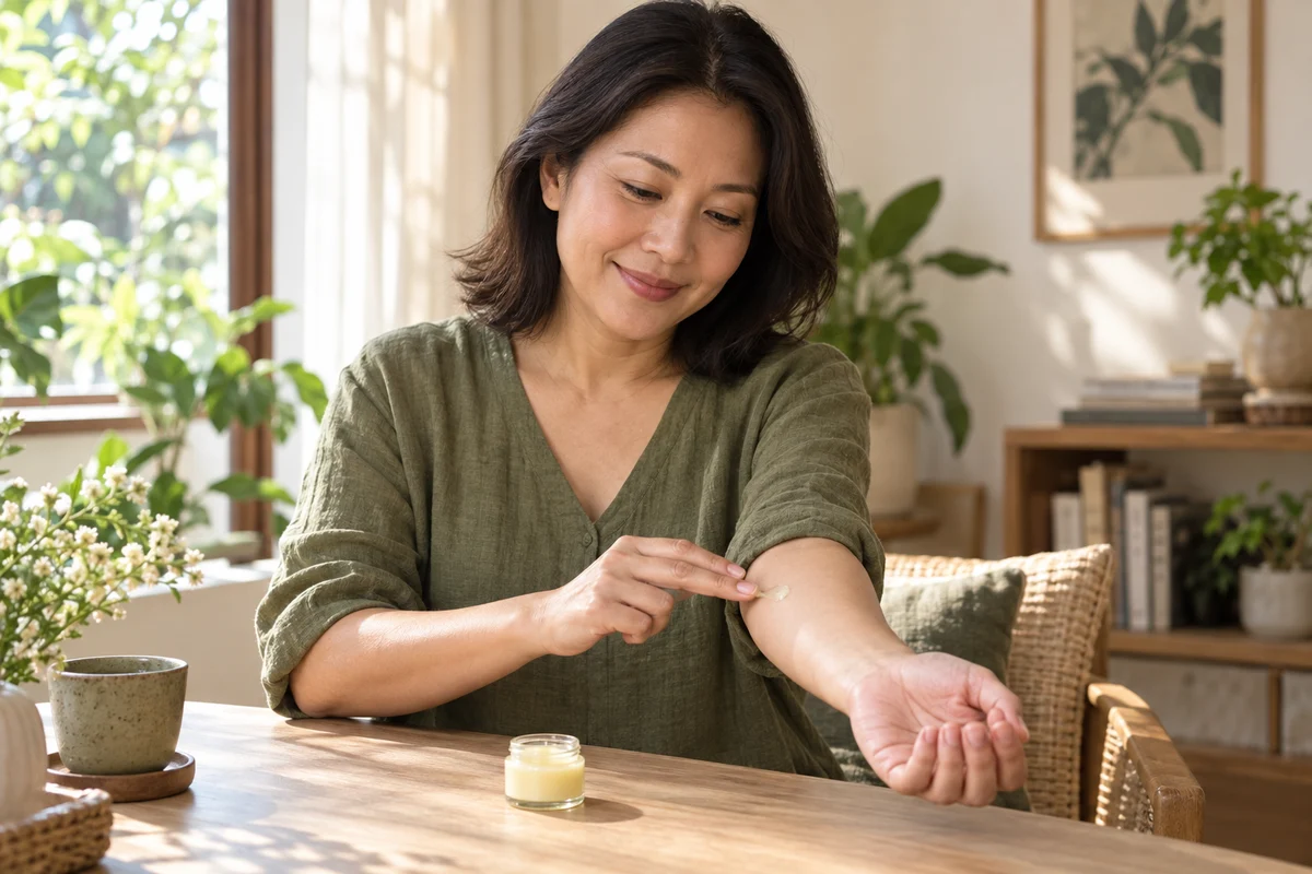 A woman gently applying a small amount of balm to her forearm