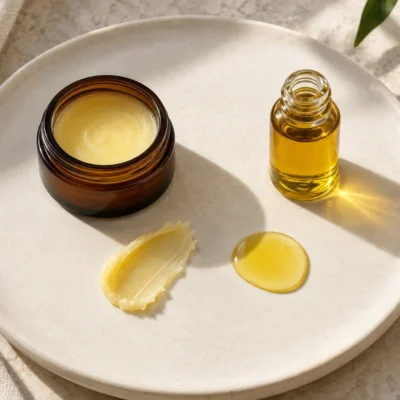 Solid balm and liquid oil with their contrasting textures