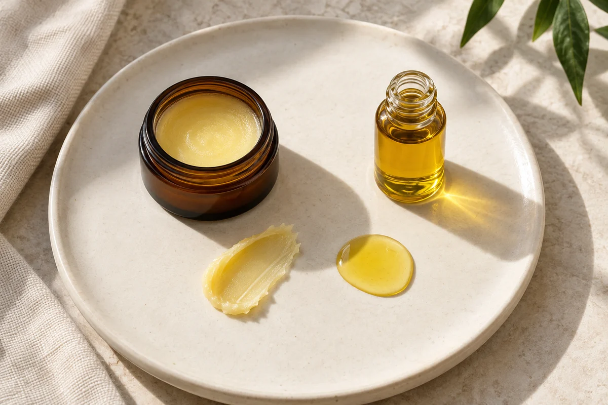 Solid balm and liquid oil with their contrasting textures