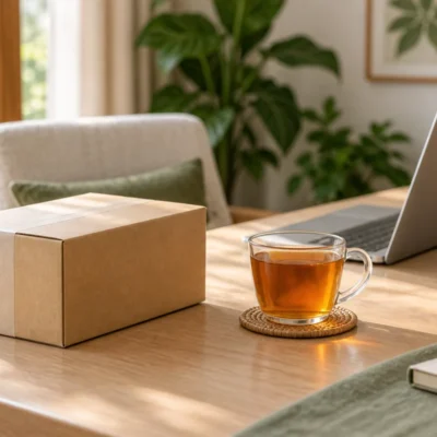 Conceptual tea ordering scene with a parcel, tea and laptop
