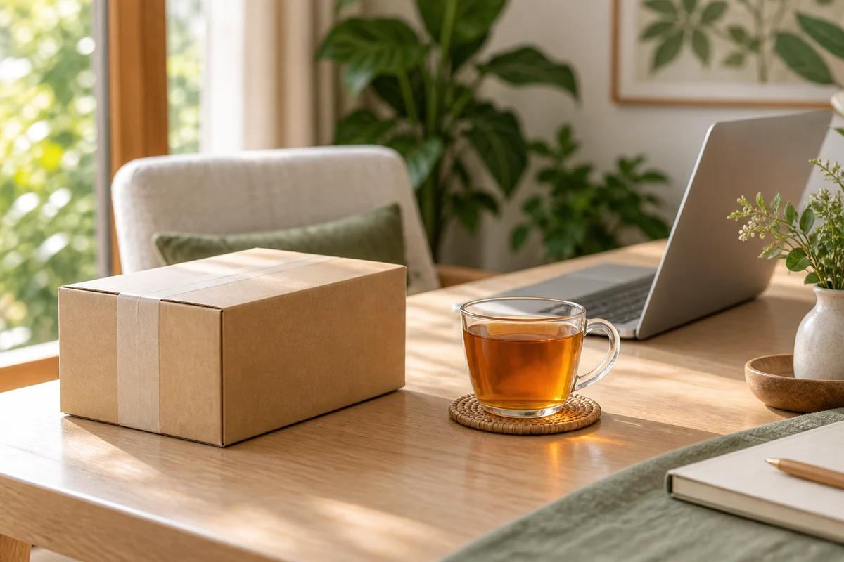 Conceptual tea ordering scene with a parcel, tea and laptop