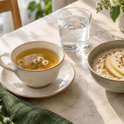Herbal tea and water with a bowl of pear and oat porridge