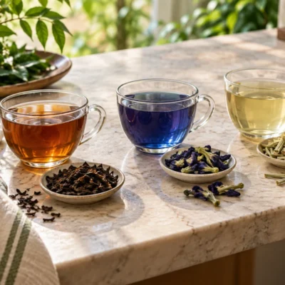Three contrasting Thai tea styles with leaves, flowers and lemongrass