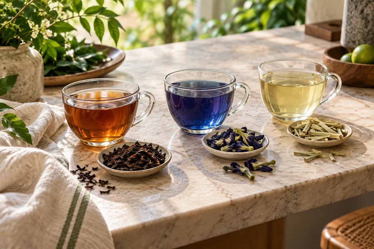 Three contrasting Thai tea styles with leaves, flowers and lemongrass