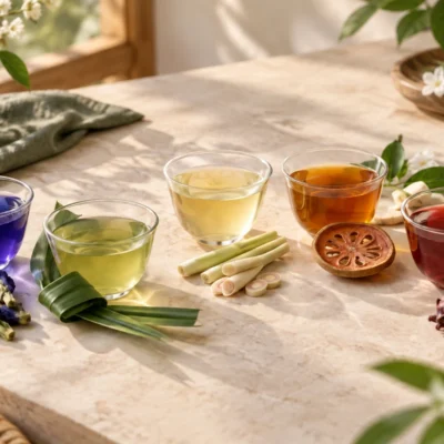 Five Thai infusions: butterfly pea, pandan, lemongrass, bael and roselle