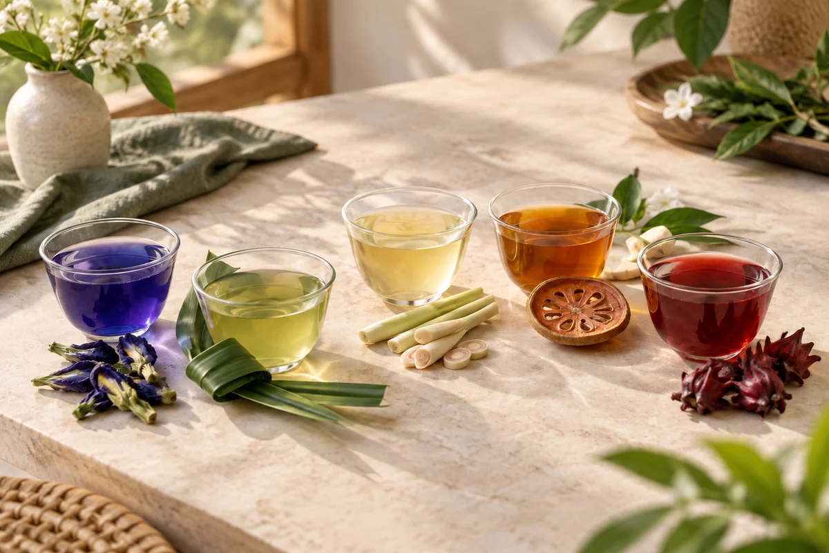Five Thai infusions: butterfly pea, pandan, lemongrass, bael and roselle