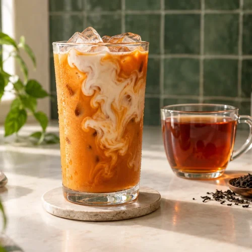 Iced Thai milk tea beside a cup of plain black tea