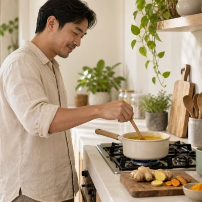 Ginger and turmeric drink being prepared in a home kitchen