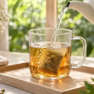 Hot water being poured over an intact herbal tea filter bag