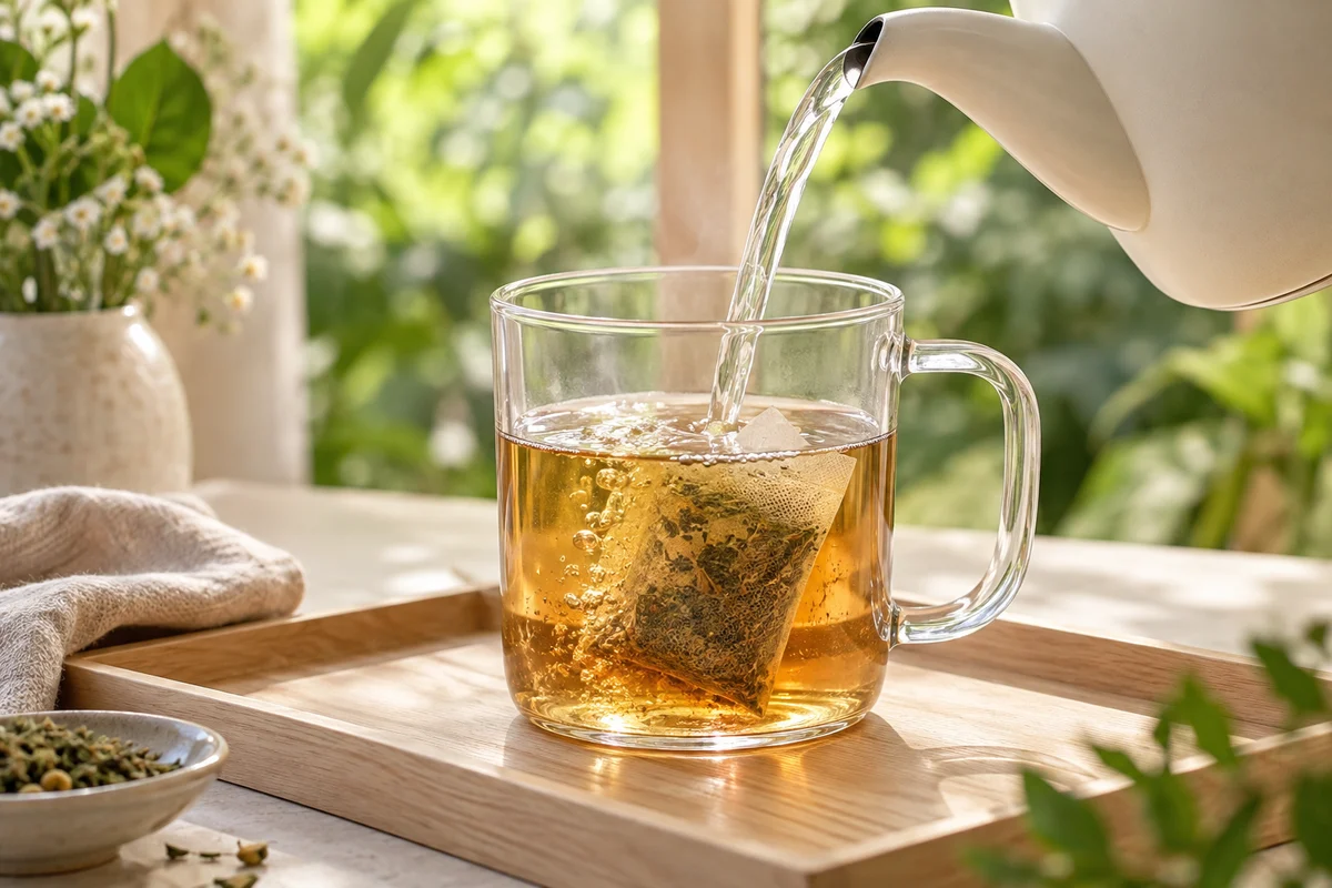 Hot water being poured over an intact herbal tea filter bag
