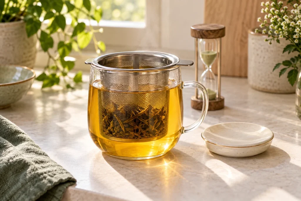 Tea leaves steeping in a mesh basket inside a clear cup