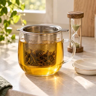 Tea leaves steeping in a mesh basket inside a clear cup