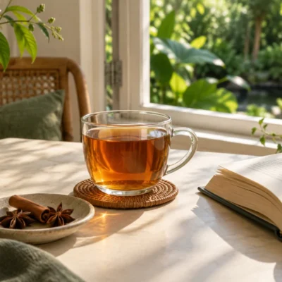 Herbal tea and spices beside an open book