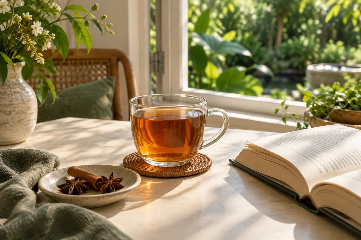 Herbal tea and spices beside an open book